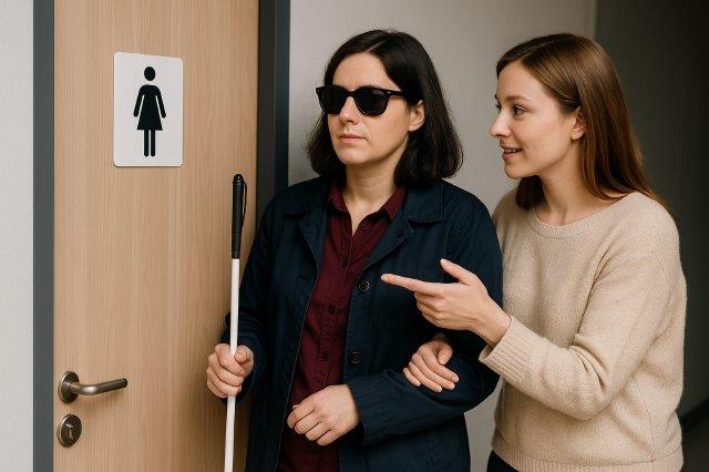 Twee vrouwen bij een deur met een vrouwentoilettenbordje. De vrouw links draagt een donkere zonnebril, houdt een witte taststok vast en heeft donker haar tot op de schouders. Ze draagt een donkerblauwe jas over een bordeauxrode blouse. De vrouw rechts, met lichtbruin haar en een beige trui, houdt de arm van de vrouw links vast en wijst met haar andere hand naar de deur. Ze zijn samen op weg naar het toilet, waarbij de vrouw rechts de vrouw links begeleidt.