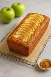 Een rechthoekige appelcake ligt op een stuk bakpapier op een afkoelrek. Bovenop de cake zijn netjes overlappende plakjes groene appel gerangschikt. Op de achtergrond liggen twee hele groene appels, en op de voorgrond staat een klein wit schaaltje met een bruin poeder, waarschijnlijk kaneel of een specerijenmengsel. De ondergrond is een lichtgekleurde aanrecht, wat het geheel een frisse en uitnodigende uitstraling geeft.