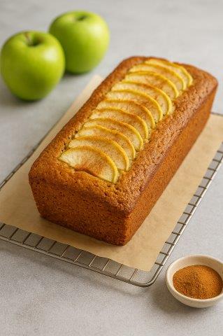 Een rechthoekige appelcake ligt op een stuk bakpapier op een afkoelrek. Bovenop de cake zijn netjes overlappende plakjes groene appel gerangschikt. Op de achtergrond liggen twee hele groene appels, en op de voorgrond staat een klein wit schaaltje met een bruin poeder, waarschijnlijk kaneel of een specerijenmengsel. De ondergrond is een lichtgekleurde aanrecht, wat het geheel een frisse en uitnodigende uitstraling geeft.