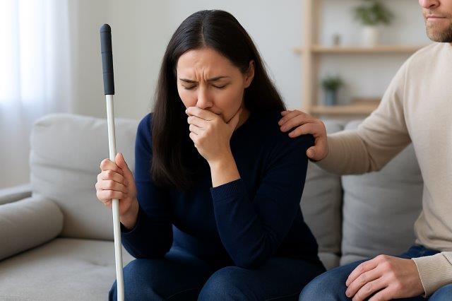 Vrouw met een taststok die op een bank zit. Ze heeft lang donker haar en draagt een donkerblauwe trui en spijkerbroek. Ze ziet er verdrietig of bezorgd uit, met haar ogen dicht en haar hand voor haar mond, alsof ze huilt of zich zorgen maakt. Naast haar zit een man, waarvan alleen een deel van zijn gezicht en lichaam zichtbaar is. Hij legt troostend een hand op haar schouder. De sfeer is emotioneel en steunend. Op de achtergrond staat een lichte bank en een houten plank met wat planten en decoratie.