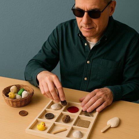 Een man met een donkere zonnebril en een donkergroen overhemd zit aan een tafel. Voor hem staat een houten voelbord met verschillende vakjes, waarin allerlei tastbare voorwerpen liggen, zoals een dennenappel, een schelp, een gele badeend, een grote knoop, een rood vilten rondje, een stukje ruwe stof, een houten stokje en een veertje. De man houdt een dennenappel vast en voelt eraan met zijn vingers. Naast het voelbord staat een rieten mandje met meer tastbare objecten, waaronder balletjes en een geel kuikentje. Op tafel ligt ook nog een grote witte knoop en een schelp met een houten stokje eraan. De activiteit lijkt bedoeld om verschillende texturen en vormen te verkennen door te voelen, waarschijnlijk voor mensen met een visuele beperking.