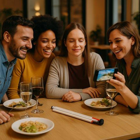 Een groep van vier vrienden zit samen aan een eettafel en kijkt lachend naar een smartphone die één van hen vasthoudt. Op de tafel liggen drie borden met eten en drie glazen wijn. In het midden van de tafel ligt een witte blindenstok. De sfeer is gezellig en warm, met zachte verlichting op de achtergrond. De vrienden lijken te genieten van elkaars gezelschap en de inhoud op de telefoon.