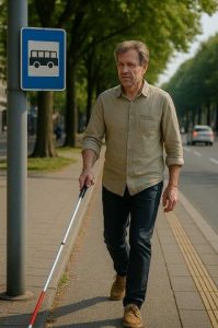 Man met een witte taststok die over een stoep loopt. Hij draagt een lichtbruine overhemd en een donkere broek. Naast hem staat een paal met een blauw-wit bushaltebord. Op de stoep is een gele geleidelijn voor blinden en slechtzienden. Aan de rechterkant van het beeld rijdt verkeer over een weg. De omgeving is groen met bomen langs de straat.