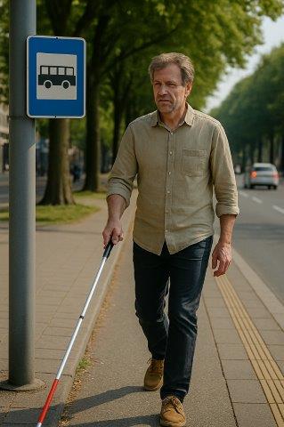 Man met een witte taststok die over een stoep loopt. Hij draagt een lichtbruine overhemd en een donkere broek. Naast hem staat een paal met een blauw-wit bushaltebord. Op de stoep is een gele geleidelijn voor blinden en slechtzienden. Aan de rechterkant van het beeld rijdt verkeer over een weg. De omgeving is groen met bomen langs de straat.